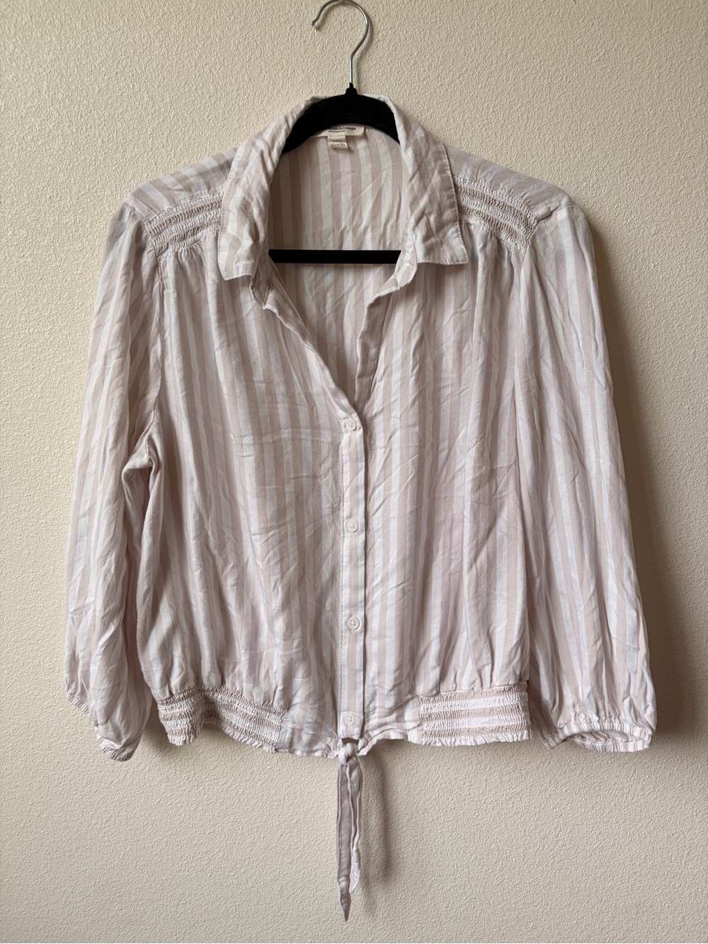 beachlunchlounge Light Cream and White Striped Button-Down with Tie Hem